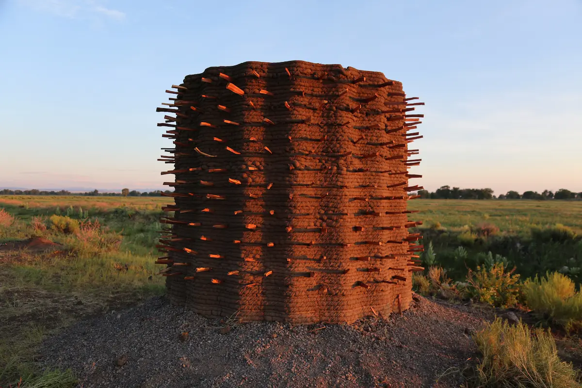 A large, spiky, brown sculpture is situated outdoors, under a clear sky. The sculpture's unique texture and form stand out in the natural environment.
