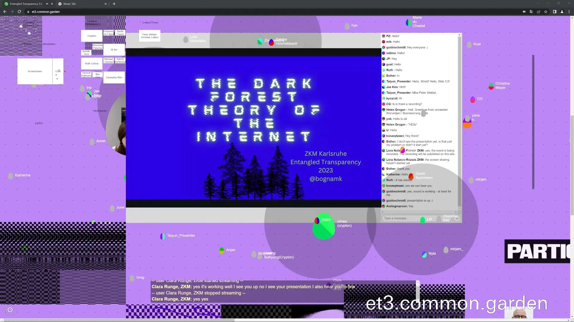 Online event screen for "The Dark Forest Theory" with chat and participants.