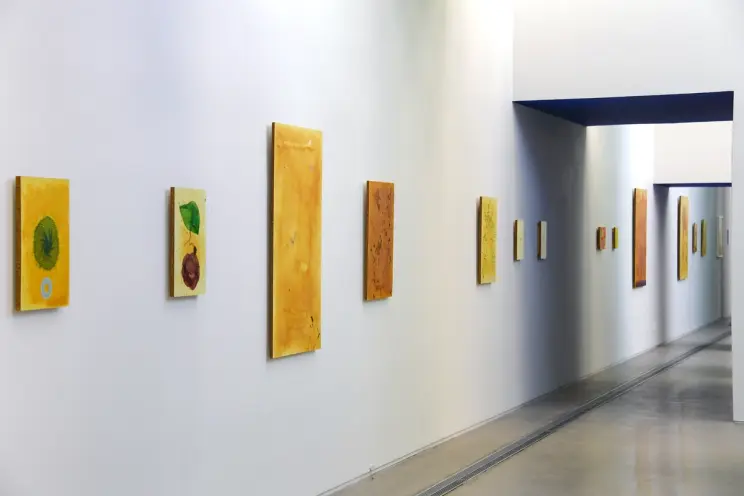 An exhibition wall displaying various sizes of vertically-positioned, rectangular canvas art pieces with dominating yellow...