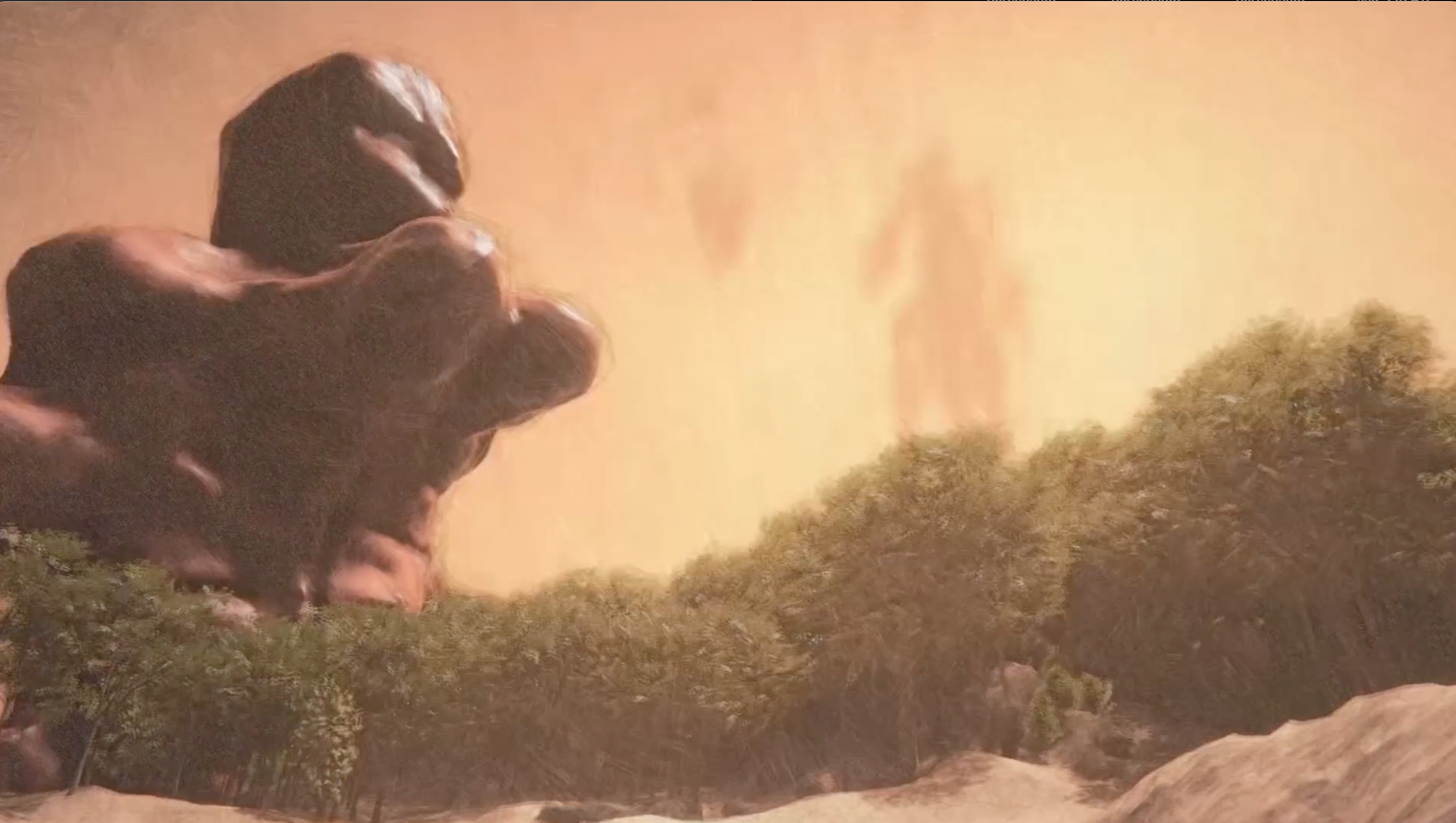 A colossal humanoid statue looms over a forested island under an orange sky.