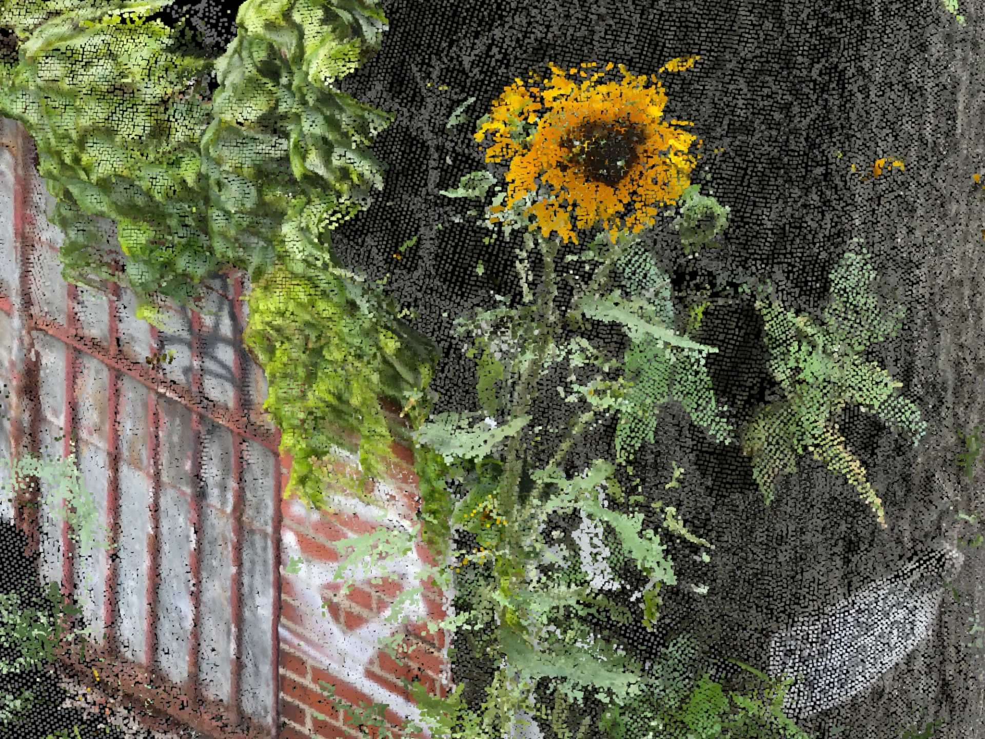 A stylized illustration featuring a sunflower and leafy green vines growing next to a weathered brick wall with a barred window.