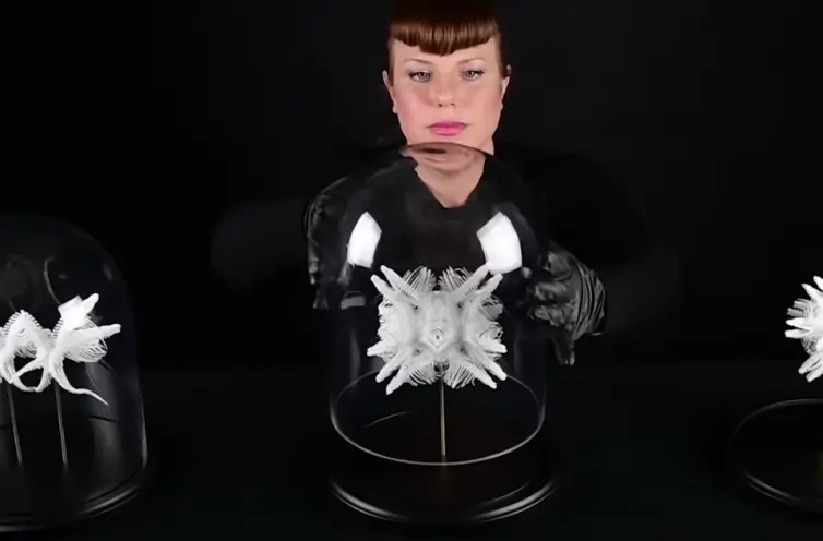 A human figure stands in front of a round glass display dome, which houses a 3D sculpture resembling a snowflake.