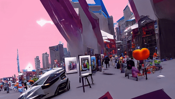 A animation of a city square under a pink sky, with objects continuously morphing into different shapes.