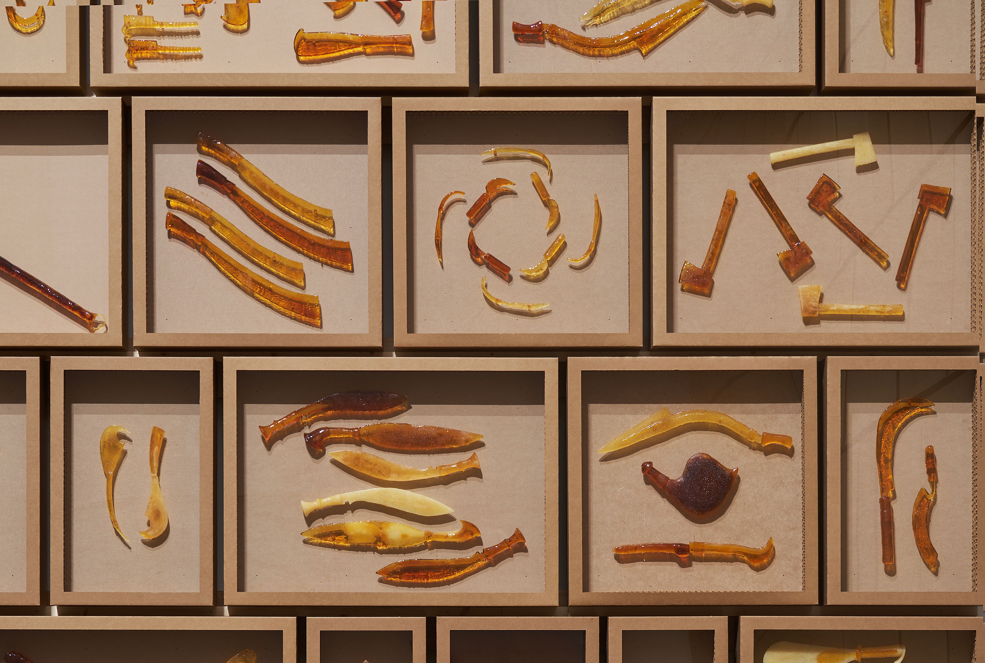 A display of tools made from sugar and honeycomb board, with sound-absorbing material, created by artist Jung Yeondoo in h...