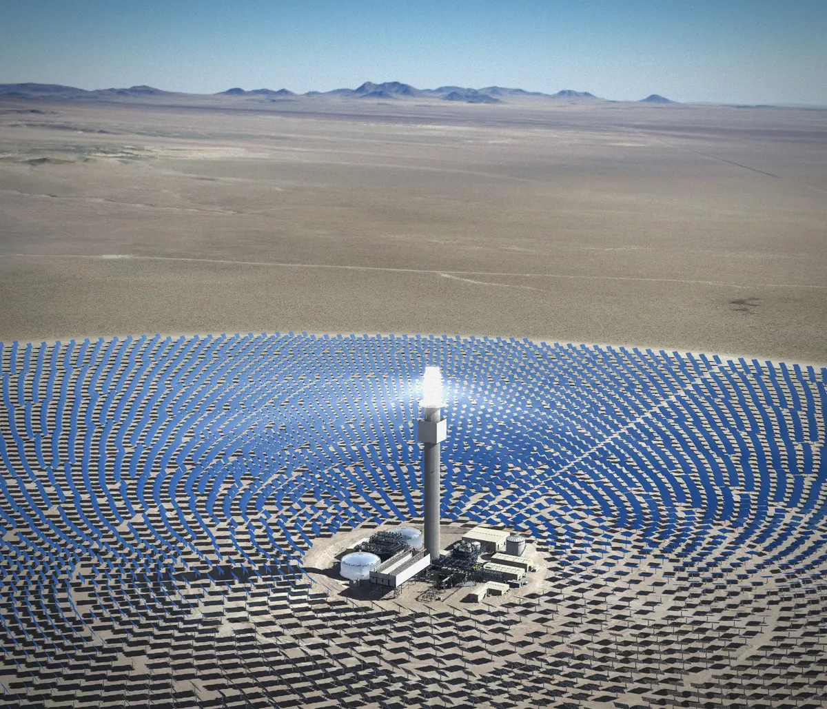 A vast valley filled with thousands of photovoltaic panels arranged in a large circle.