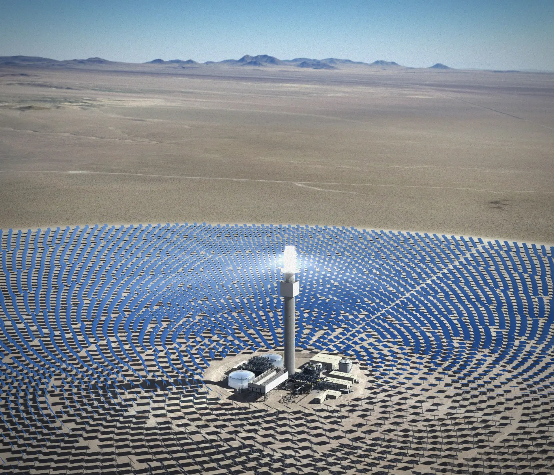 A vast valley filled with thousands of photovoltaic panels arranged in a large circle.