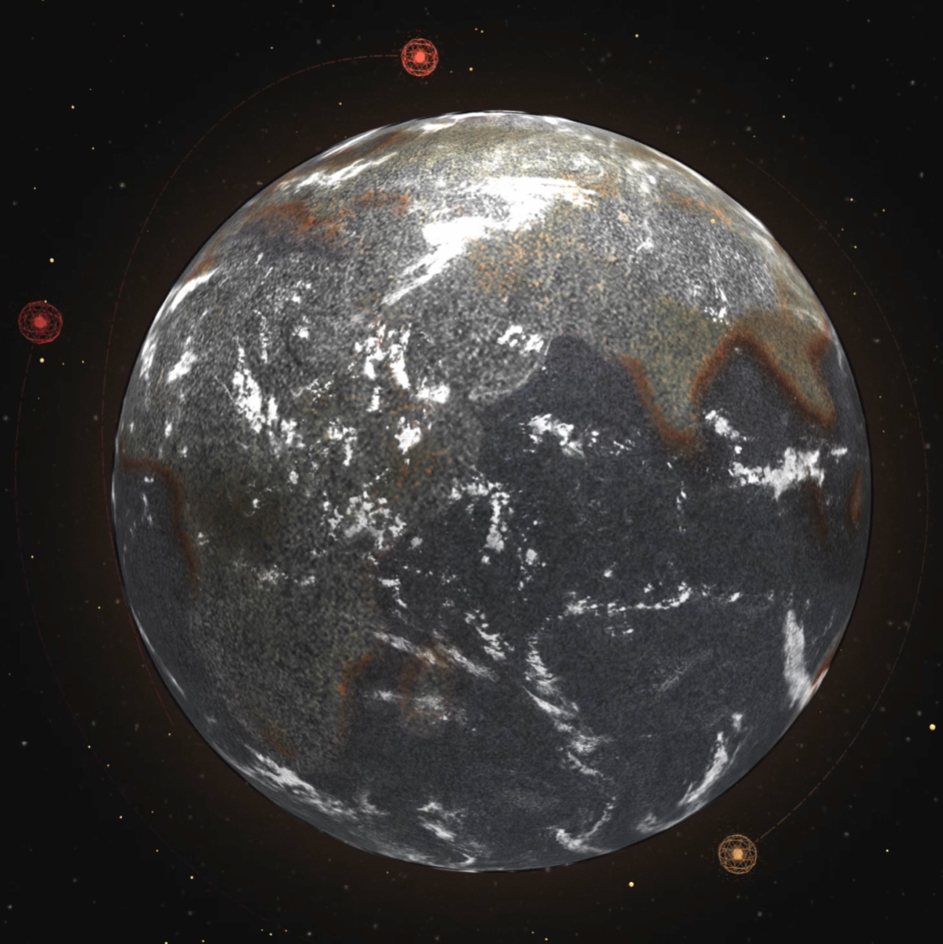 Digital rendering of Earth with two small orbiting objects connected by faint orbital paths.