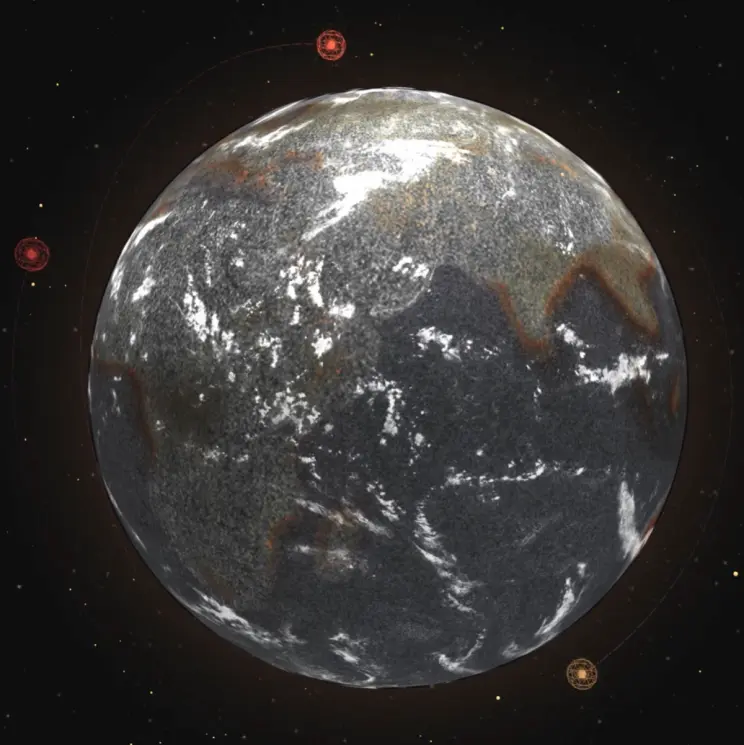 Digital rendering of Earth with two small orbiting objects connected by faint orbital paths.