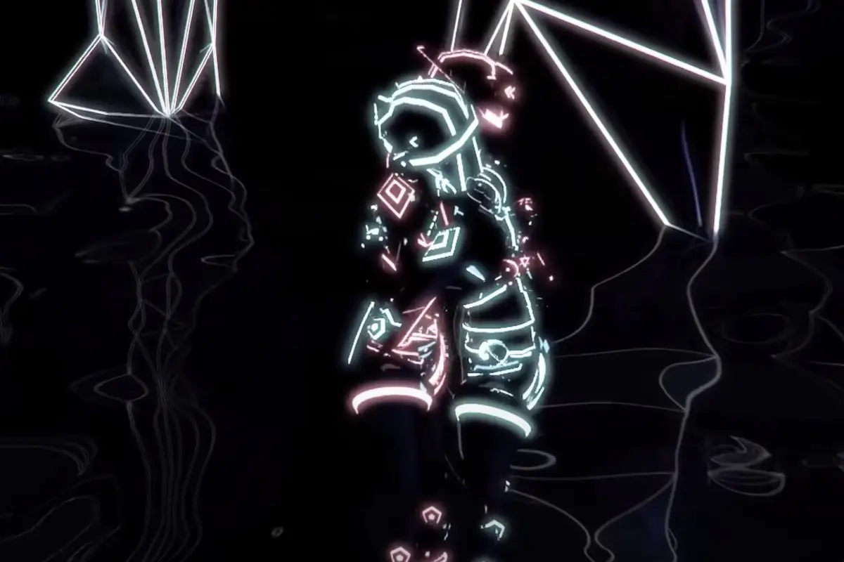Two silhouetted figures are captured in a hug, outlined by bright neon wire-like lights in a dark setting.