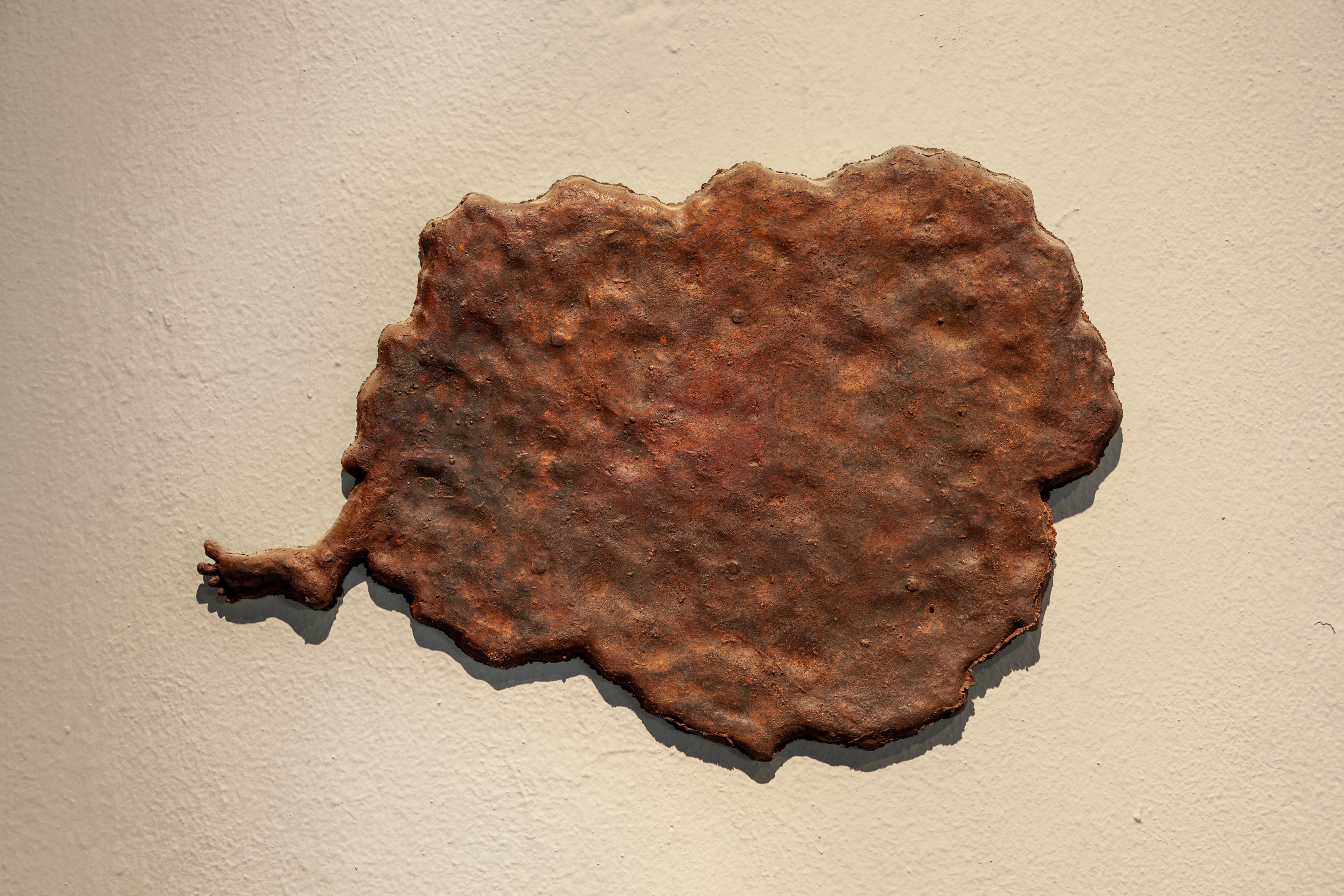 A bronze wall hanging with a protruding foot.