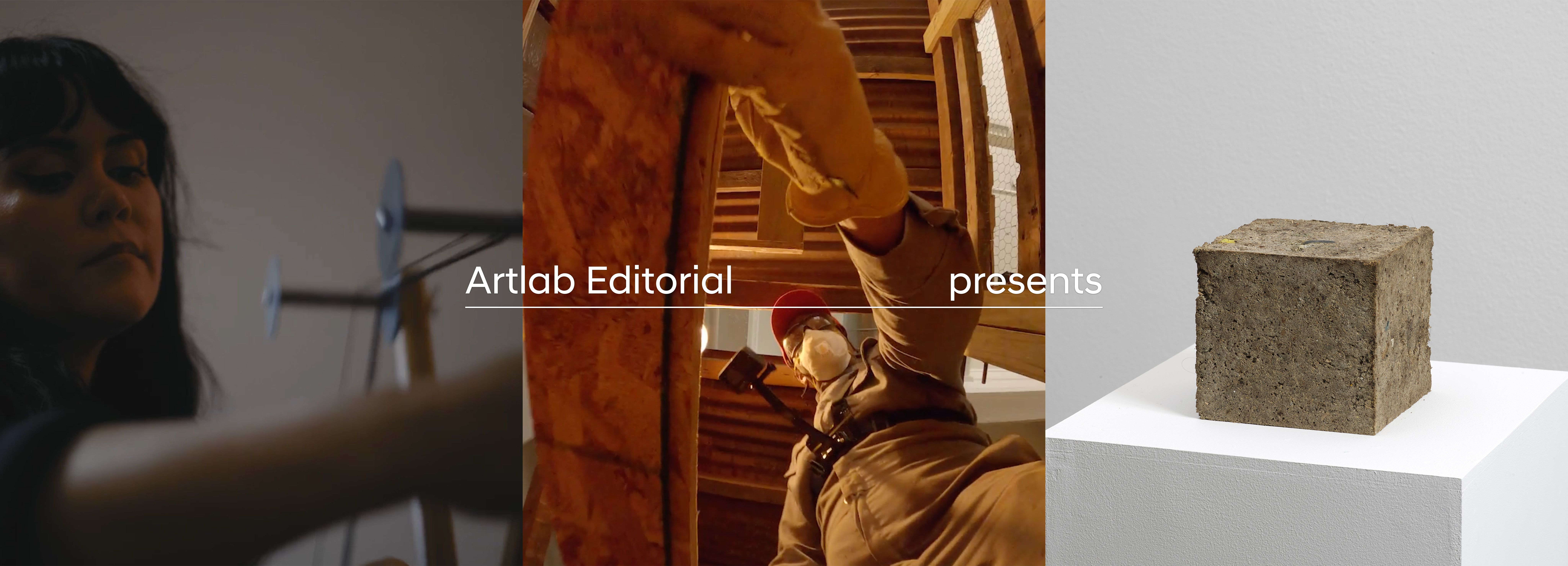 A banner featuring three images: an artist at work, a worker inspecting wooden structures, and a concrete block sculpture,...