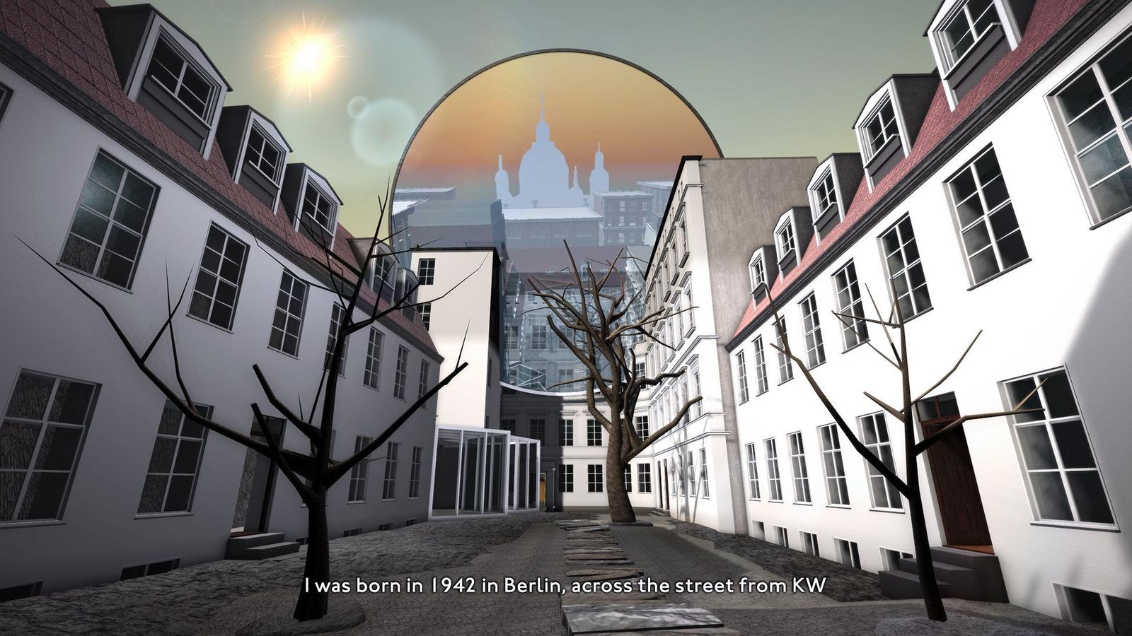 A 3D-rendered scene of a Berlin courtyard under a surreal dome with bare trees and the subtitle “I was born in 1942 in Berlin, across the street from KW.”