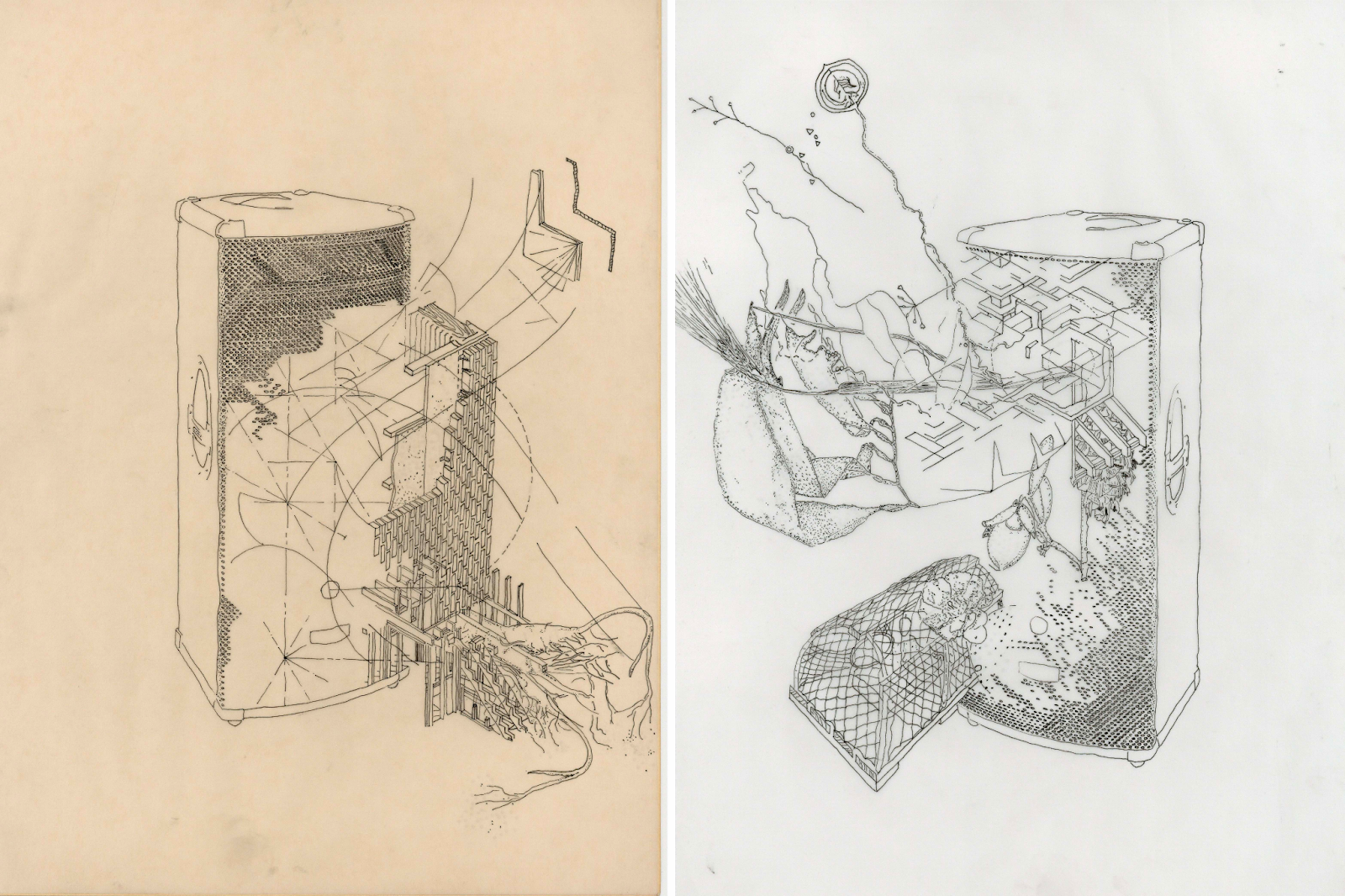 An abstract illustration featuring an array of intricate diagrams and shapes depicting mechanisms juxtaposed with organic ...