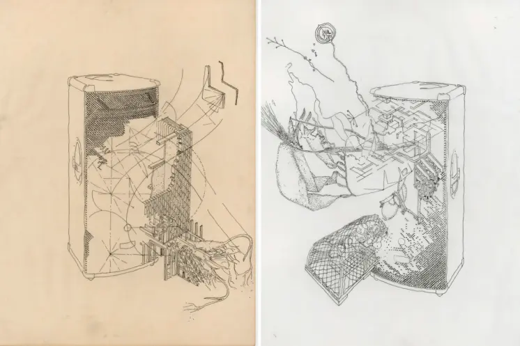 An abstract illustration featuring an array of intricate diagrams and shapes depicting mechanisms juxtaposed with organic ...