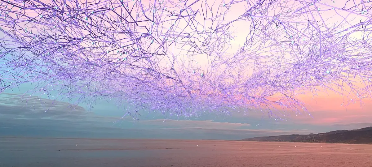 A twilight sky filled with a dominating 3D fractured line pattern in shades of purple.