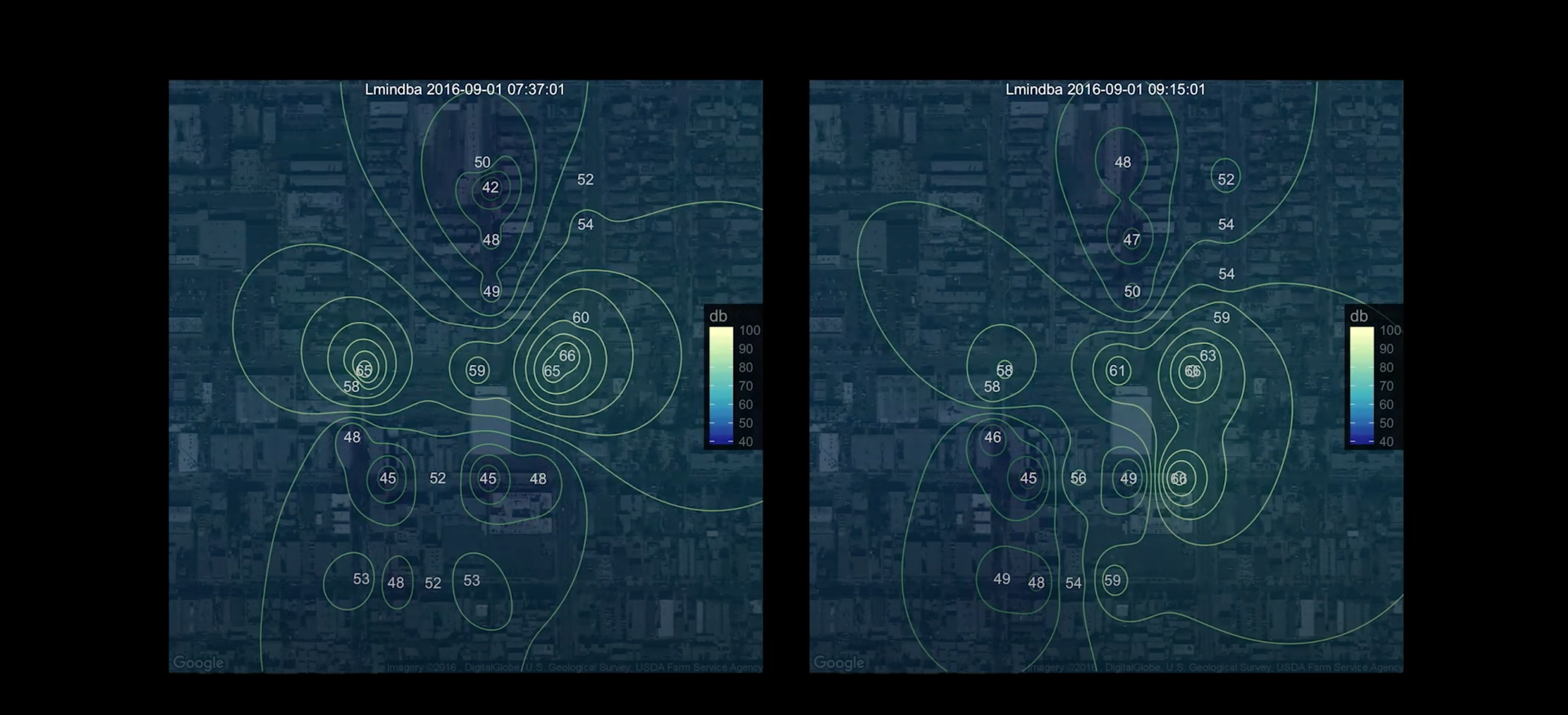 A visual representation of data from noise contours of mid-frequencies from city streets, offering a unique understanding ...