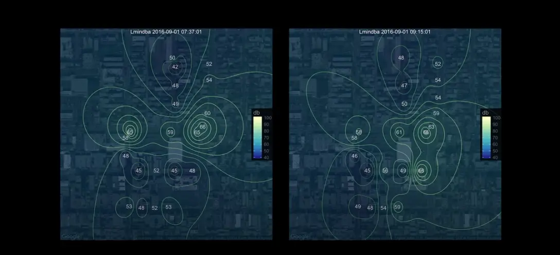 A visual representation of data from noise contours of mid-frequencies from city streets, offering a unique understanding ...