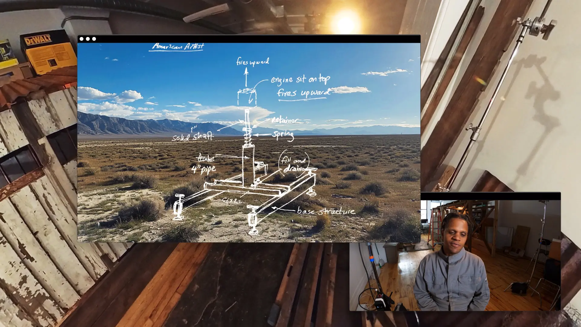 Screenshot of a video featuring a blueprint sketch of a machine over a desert landscape with a person in a studio.