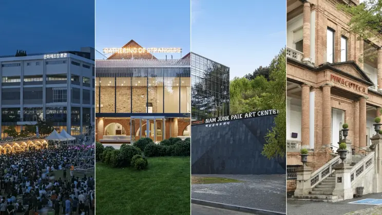 A collage of four art institutions from around the world, shown side by side. From left to right: Cheongju Craft Biennale venue in South Korea with a crowd gathered outside at dusk; the Whitworth at the University of Manchester with “GATHERING OF STRANGERS” illuminated on its roof; the modern, glass-fronted Nam June Paik Art Center surrounded by greenery; and the classical brick facade of the Pinacoteca de São Paulo in Brazil with columned entry and stairway.
