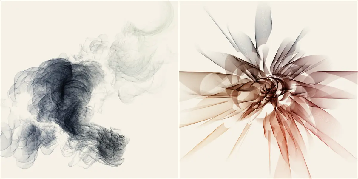 Two separate abstract forms on a light background; one form appears as delicate gray smoke while the other transforms from gray to pink, resembling a blooming flower.