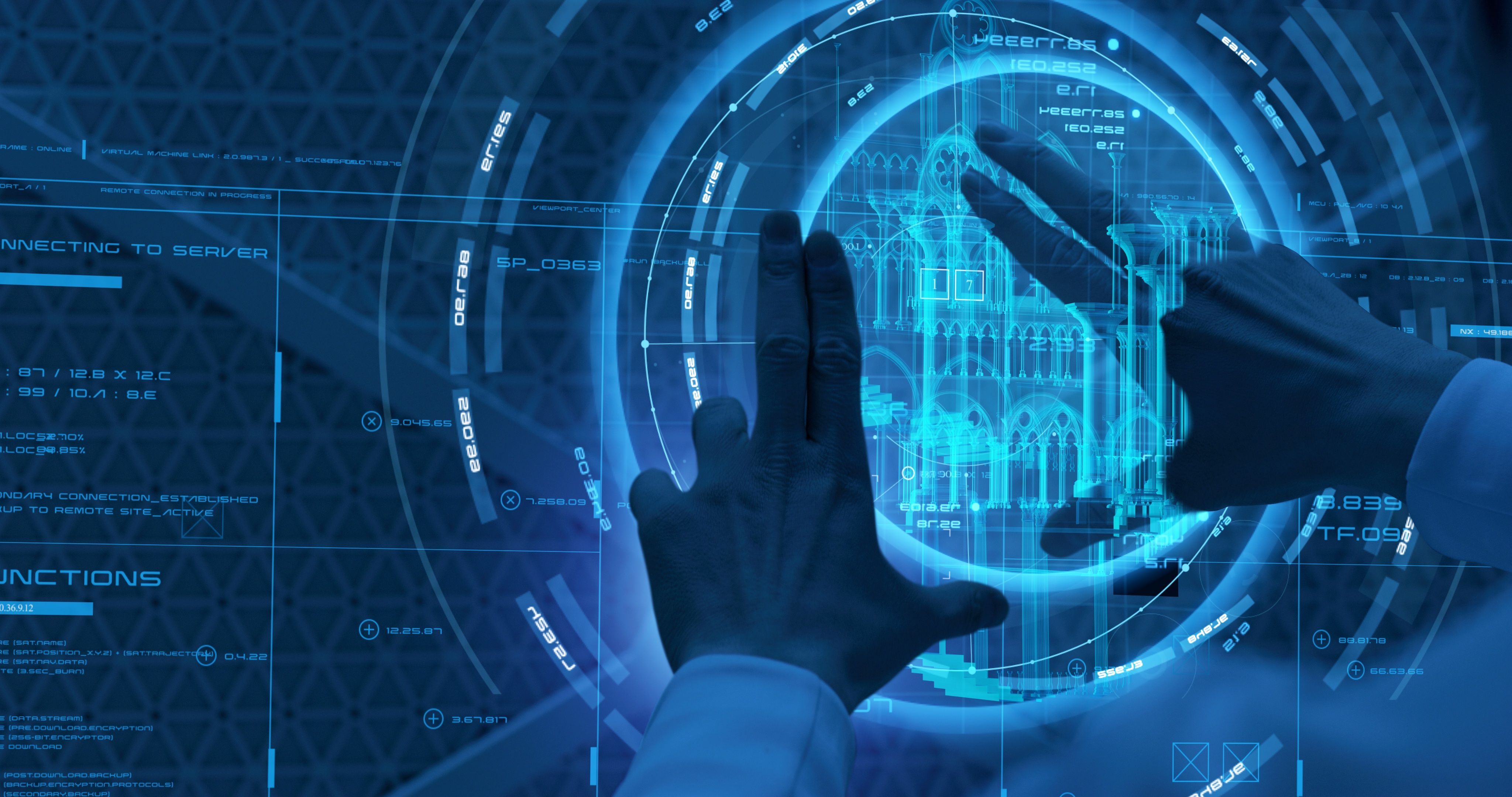 Two hands pointing towards digital architectural structures in a film scene accentuated with azure and electric blue filters.