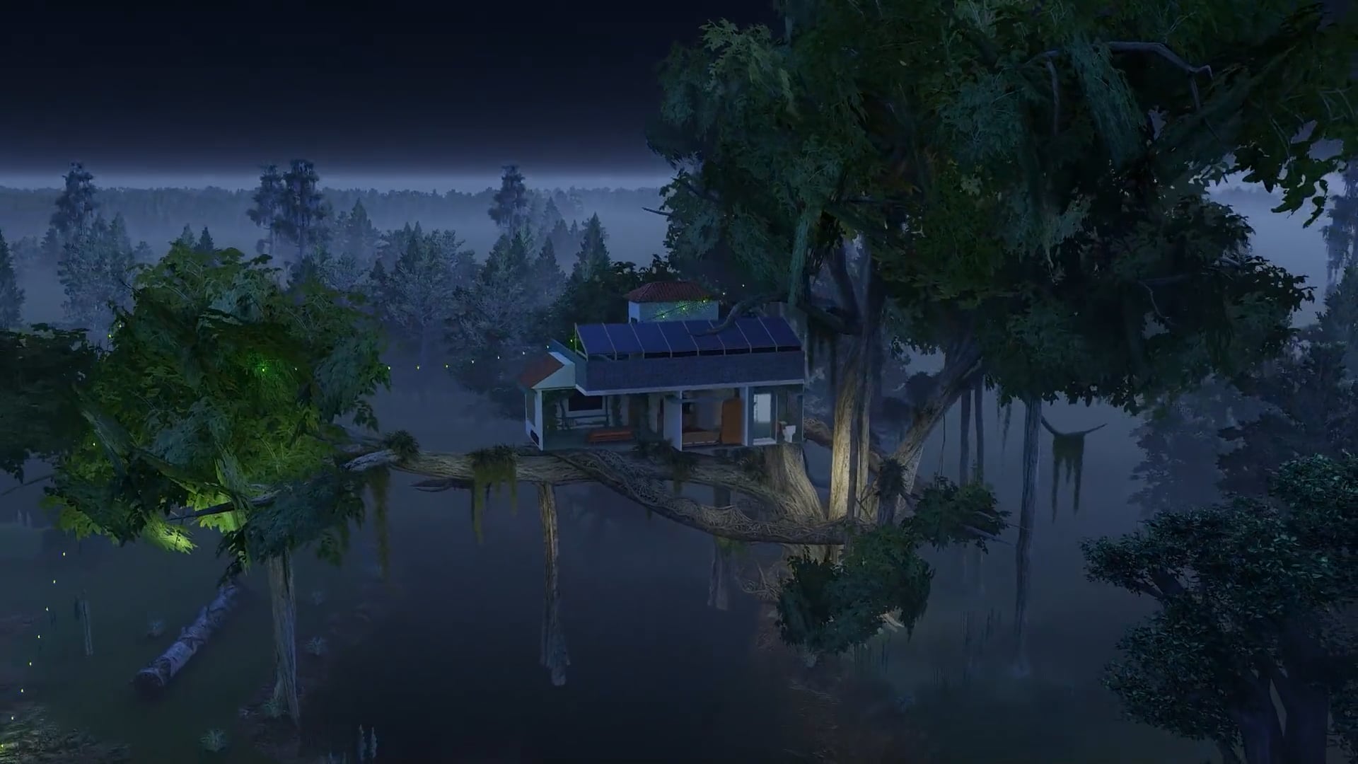 A treehouse with solar panels in a misty forest at twilight.