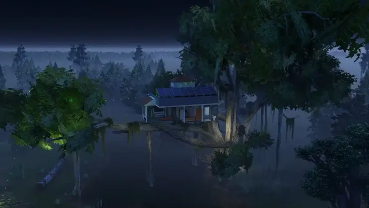 A treehouse with solar panels in a misty forest at twilight.