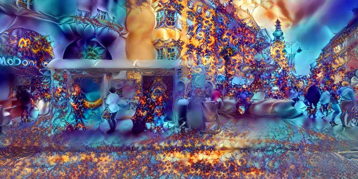 A psychedelic image showcasing people waiting at a bus stop near McDonald's, rendered with intricate fractals in vibrant hues of purple and yellow.
