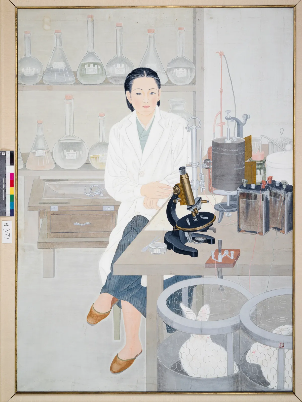 An drawing of a scientist sitting at a laboratory table, surrounded by chemistry equipment.