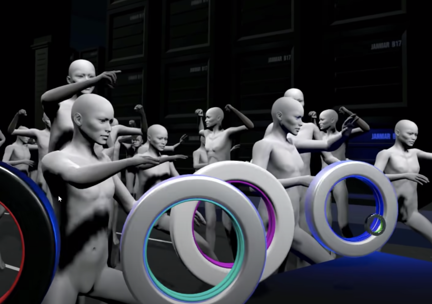 White, bald, human-like figures with chest markings in various poses, some pointing, others flexing, against a black backg...