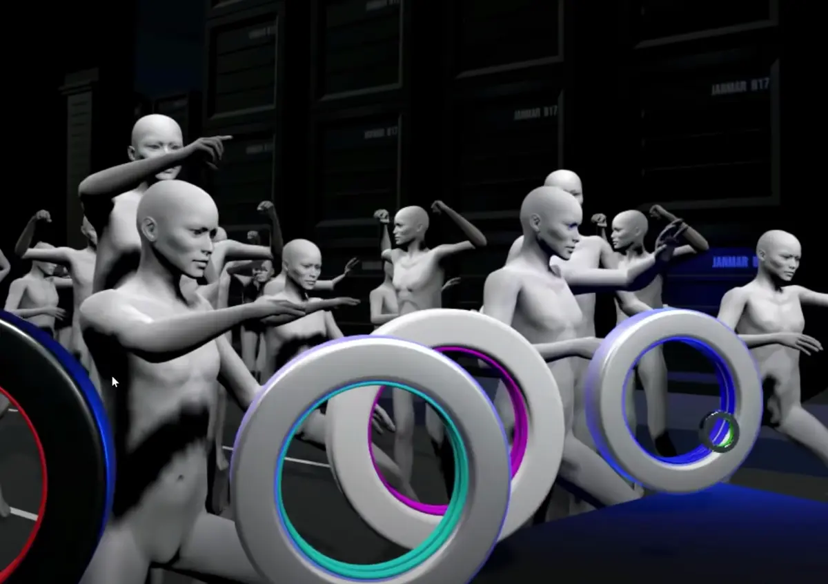 White, bald, human-like figures with chest markings in various poses, some pointing, others flexing, against a black background. Three-dimensional rings with magenta, aqua, and blue lights form a front line.