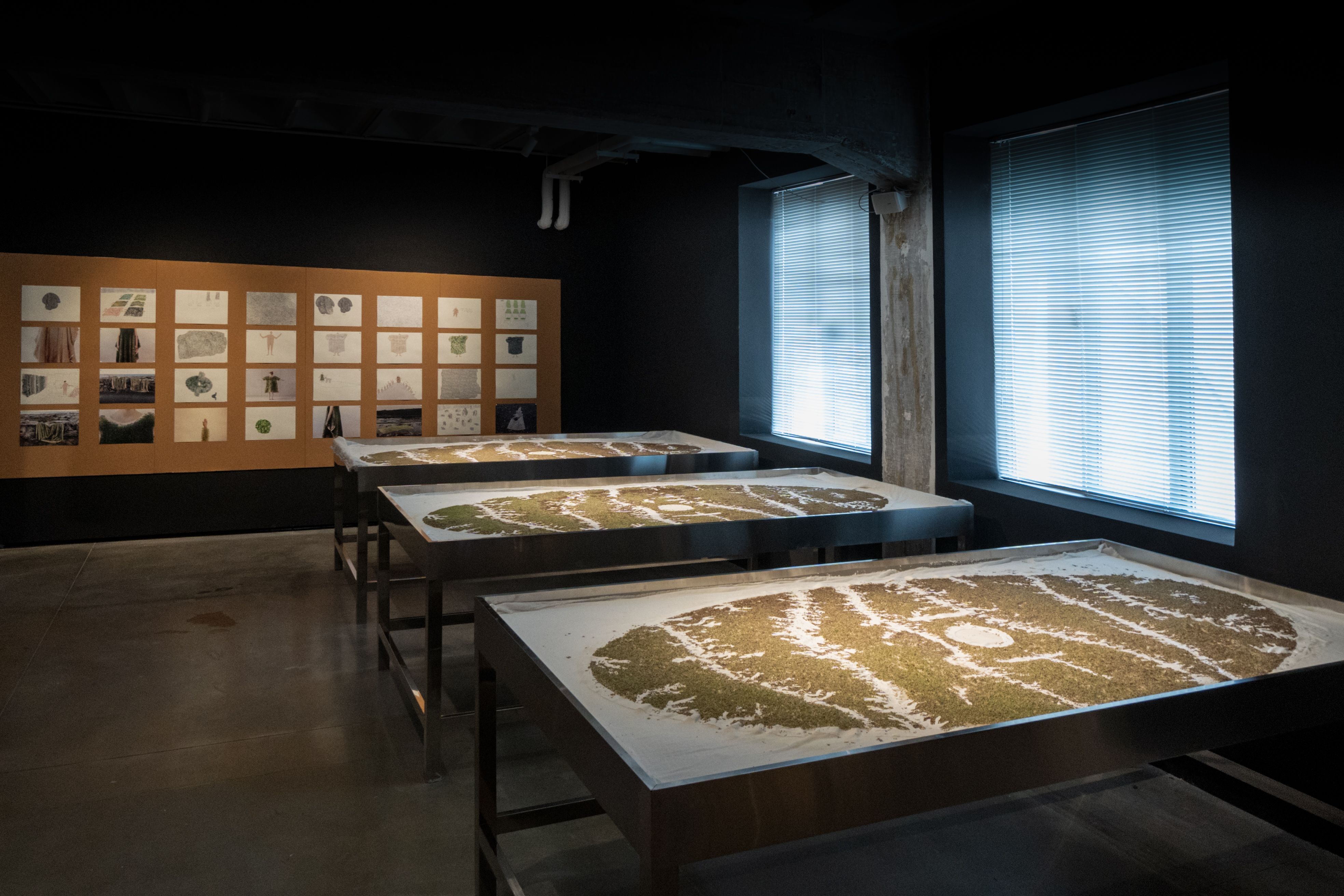 Exhibit with tables displaying topographic maps and a board with assorted images.