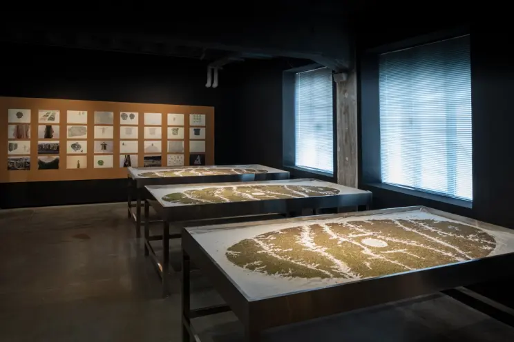 Exhibit with tables displaying topographic maps and a board with assorted images.