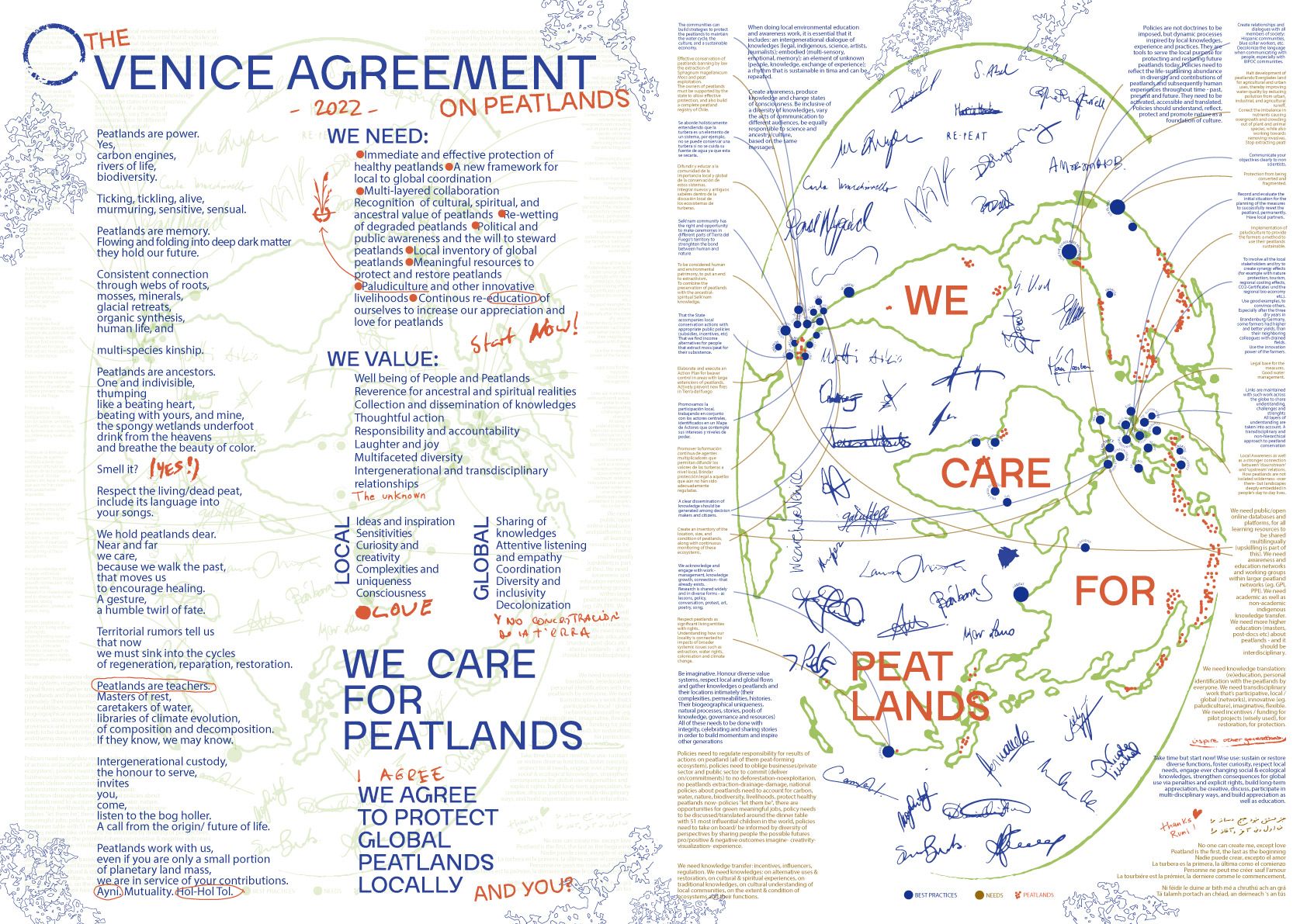 A two-page spread of the 2022 Venice Agreement with signatures, maps, and calls to action for peatland conservation.