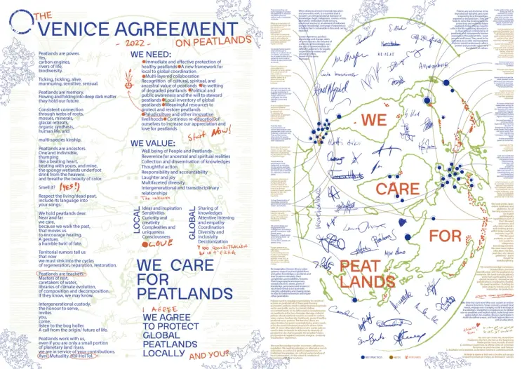 A two-page spread of the 2022 Venice Agreement with signatures, maps, and calls to action for peatland conservation.