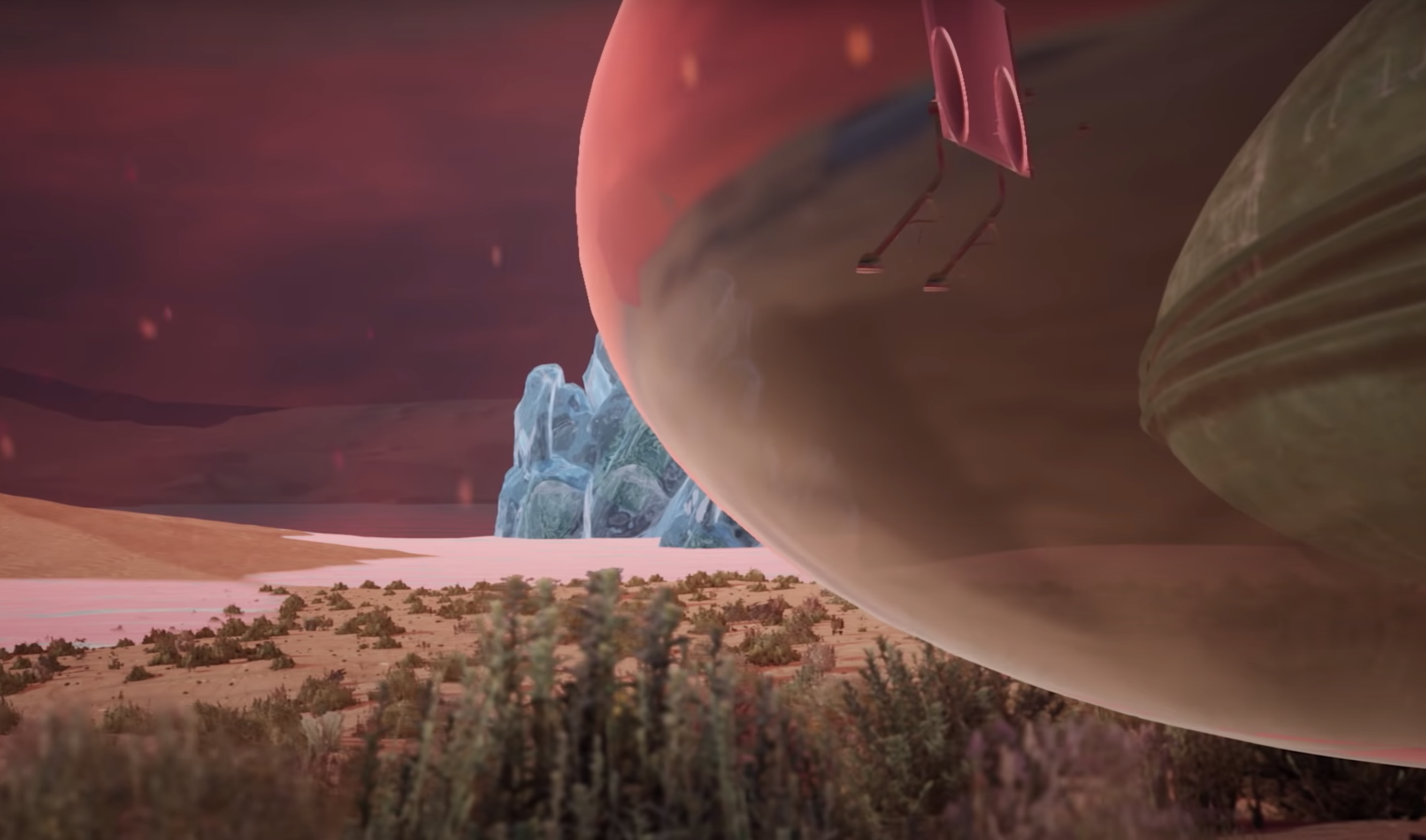 A graphic SciFi landscape showcasing red sky, vegetation, and an iceberg in the foreground, with a planet-like form loomin...