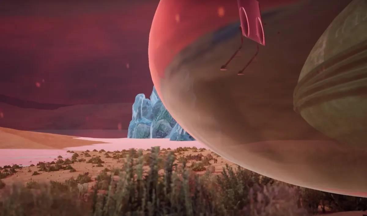 A graphic SciFi landscape showcasing red sky, vegetation, and an iceberg in the foreground, with a planet-like form looming in the upper right corner.