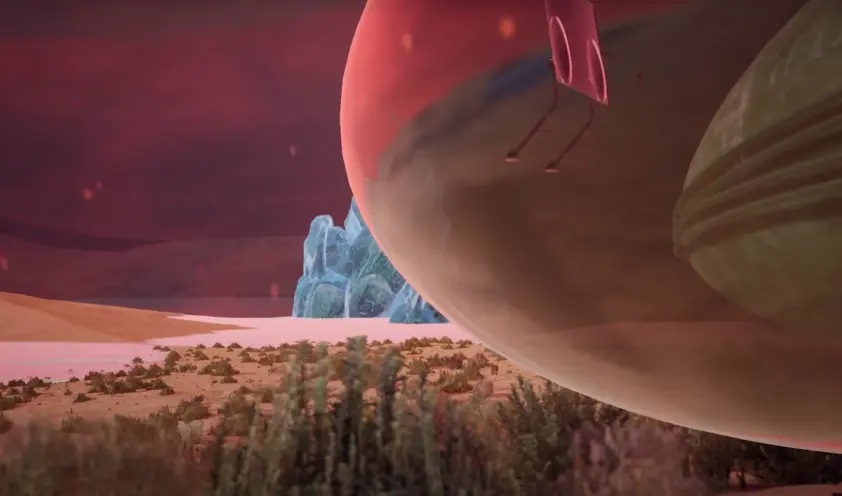 A graphic SciFi landscape showcasing red sky, vegetation, and an iceberg in the foreground, with a planet-like form loomin...