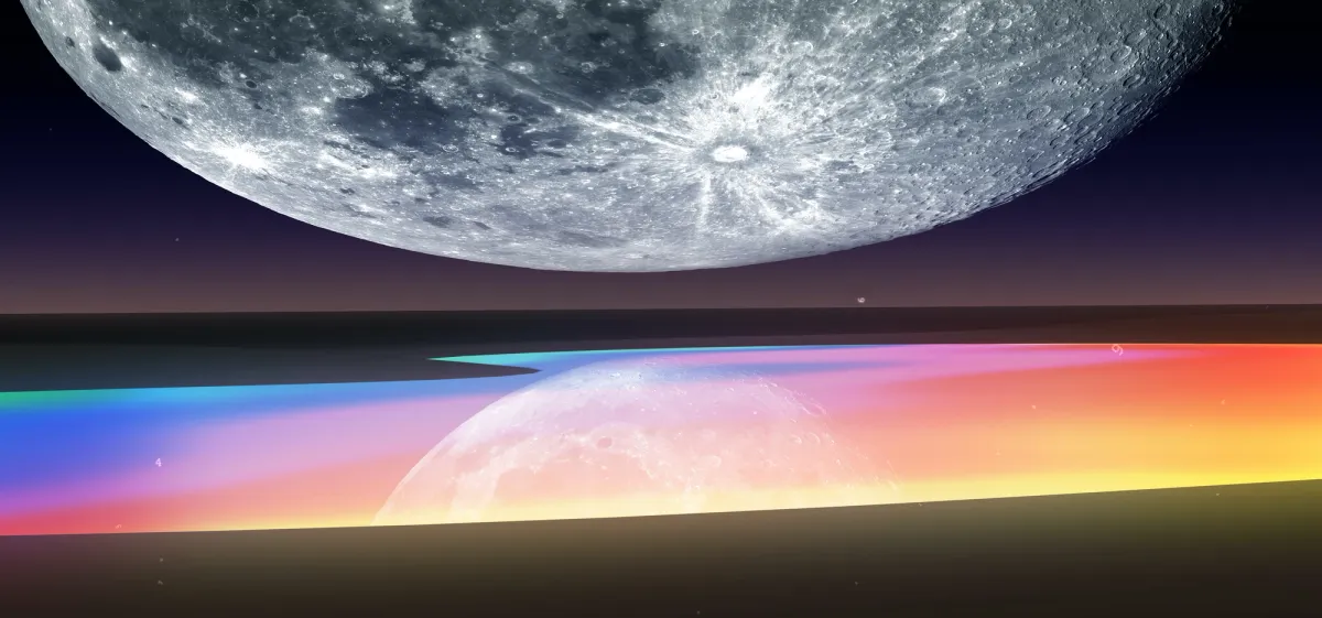 A 3D rendered animation still displaying a segment of the moon with an iridescent reflection beneath.