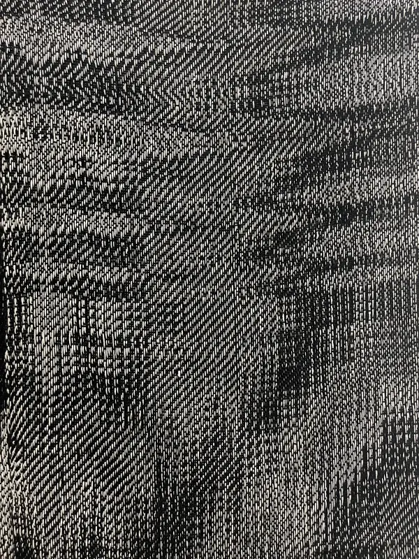 A detailed black-and-white woven pattern with a dynamic, wave-like texture.