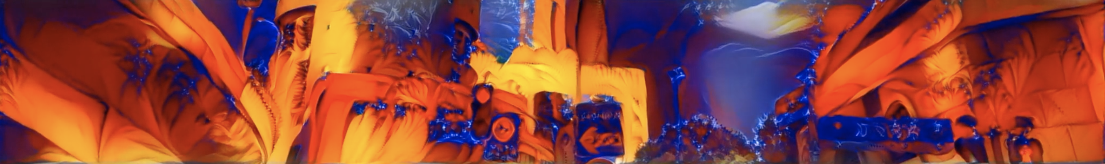 An abstract art piece with unidentifiable shapes, predominately in shades of blue and orange.