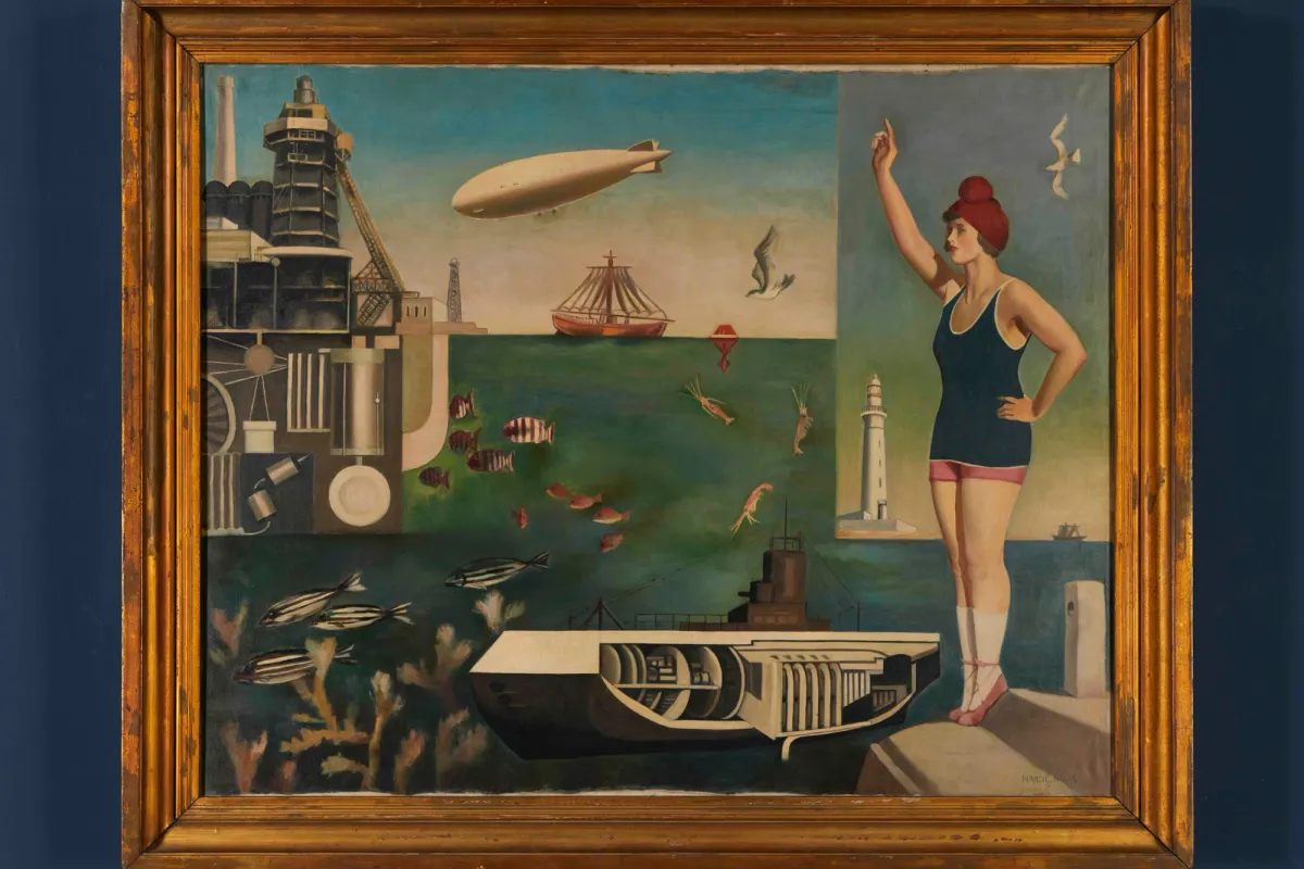 A painting in a golden frame depicting fish, airships and a person in a bathing suit pointing up.