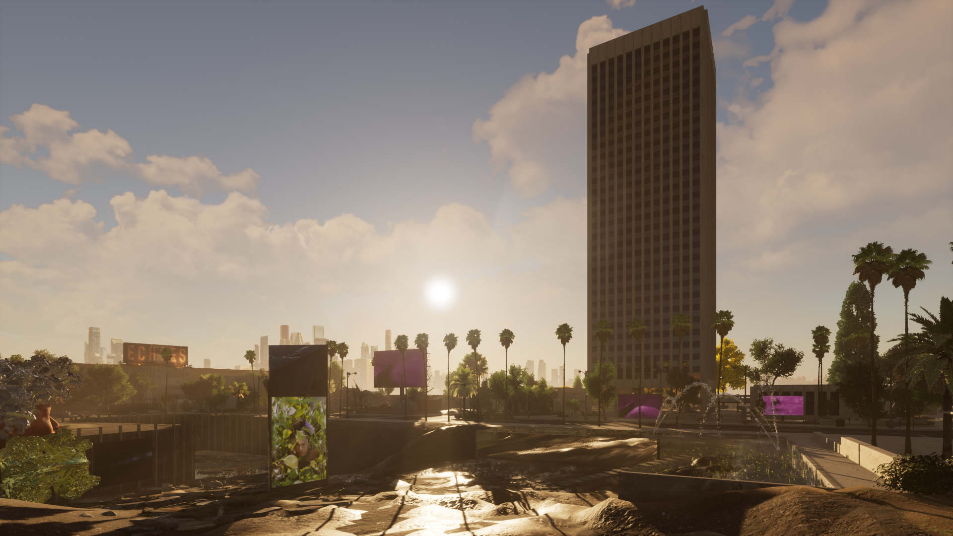 A cityscape under a cloudy sky with tall skyscrapers, a world-shaped building, light emanating from the structures, and scattered trees and plants.