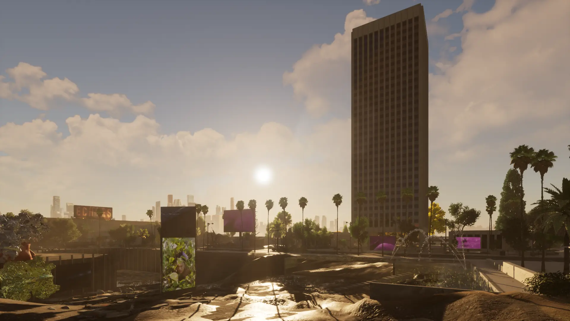 A cityscape under a cloudy sky with tall skyscrapers, a world-shaped building, light emanating from the structures, and scattered trees and plants.