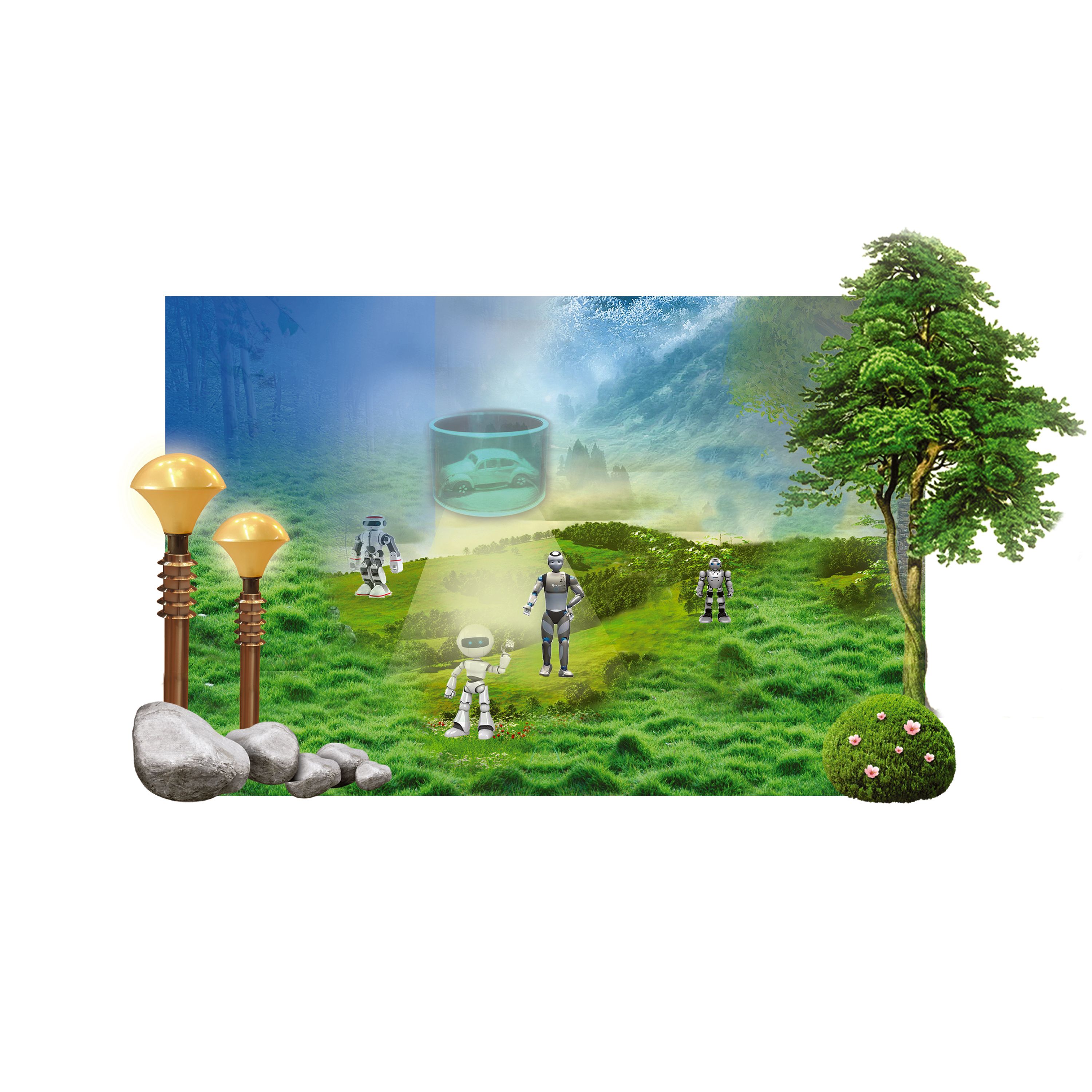 Digital artwork showcasing diverse robots calmly interacting with lush greenery, a car, lamps, and a rock.
