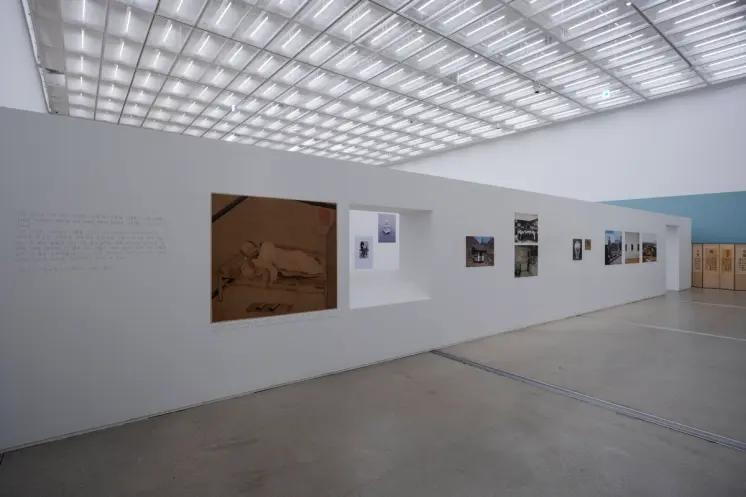 Artwork is displayed in a well-lit gallery with a large, white wall.