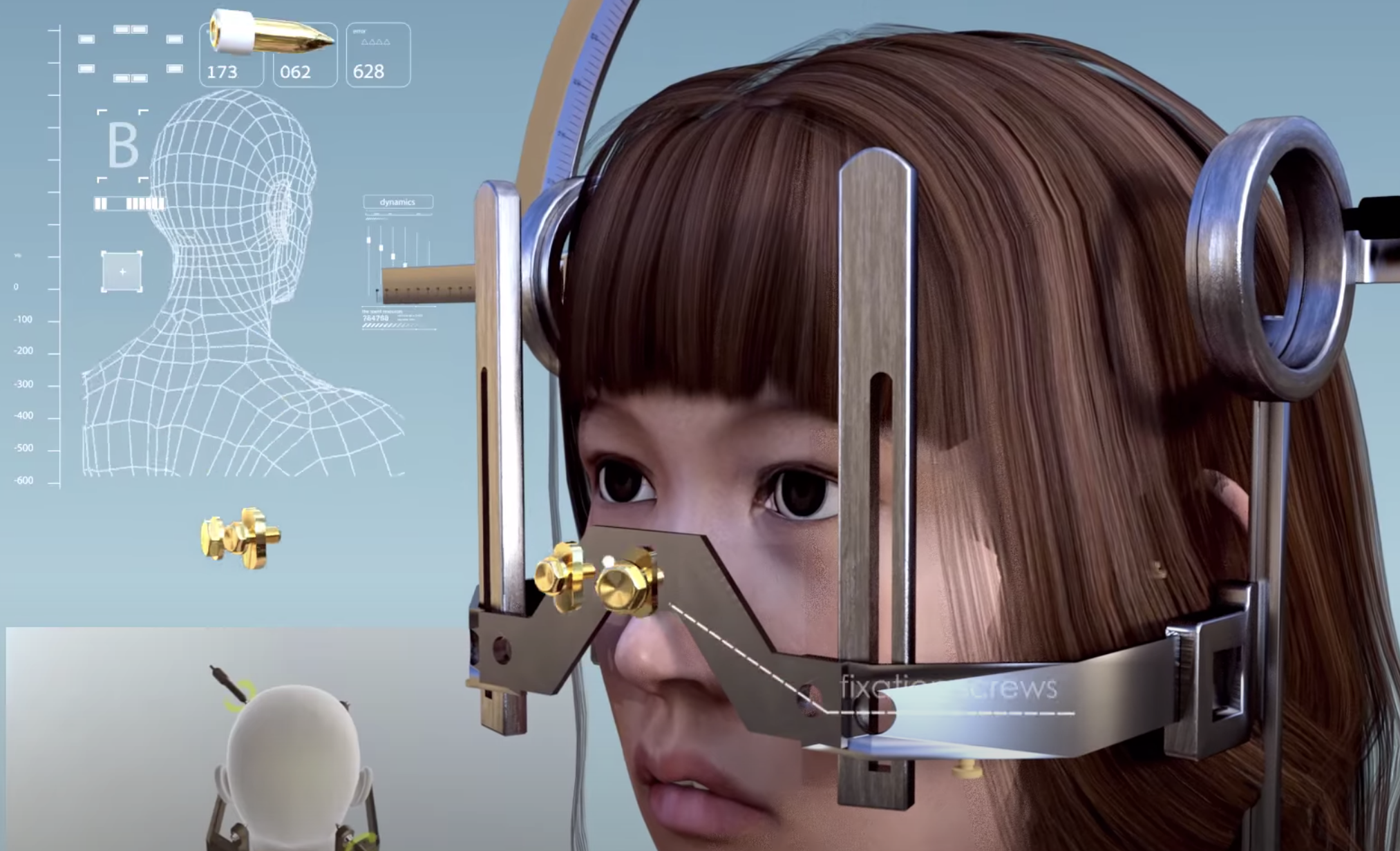 A stylized illustration features a human head wearing an optical medical-like device. The person is looking straight ahead...