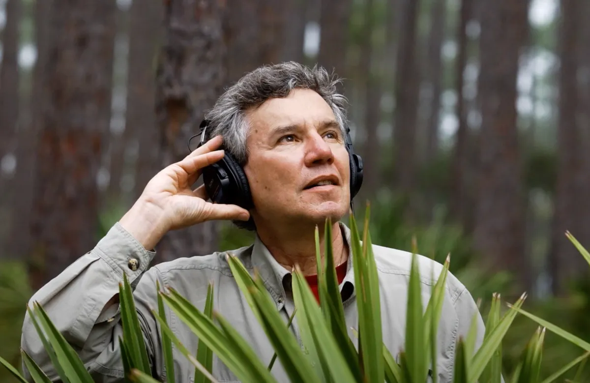 A person with grey hair, standing in a forest, wearing headphones. Their hand is adjusting the left headphone. They are looking upwards into the distance. Foreground is filled with vibrant green leaves.