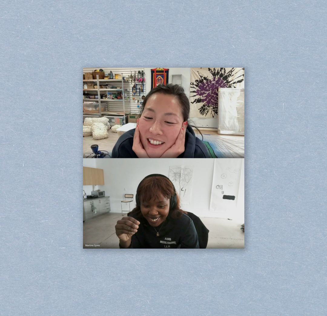 Split-screen image showing two artists on a video call, smiling and interacting in their creative workspaces.