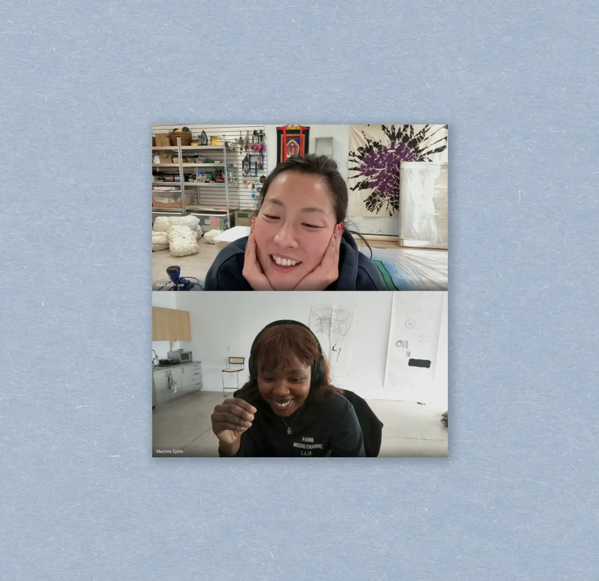 Split-screen image showing two artists on a video call, smiling and interacting in their creative workspaces.